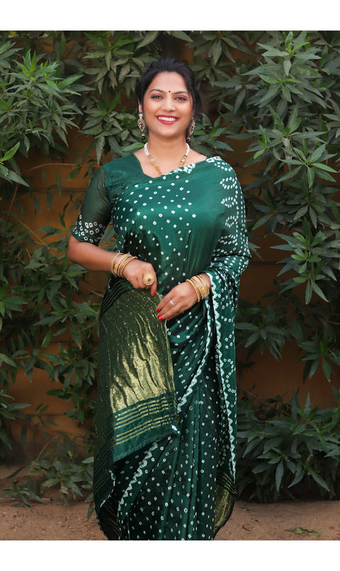 Dark Green color soft bandhani saree with hand high quality bandhej print