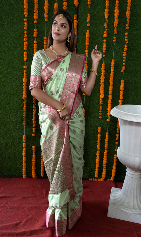 Chartruse Green copper Zari Woven Banarasi and Kanjivaram patterns