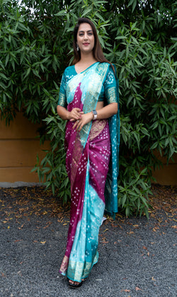 Wine Sky Blue Color Beautiful Design and Pure Bandhej silk saree