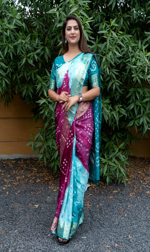 Wine Sky Blue Color Beautiful Design and Pure Bandhej silk saree