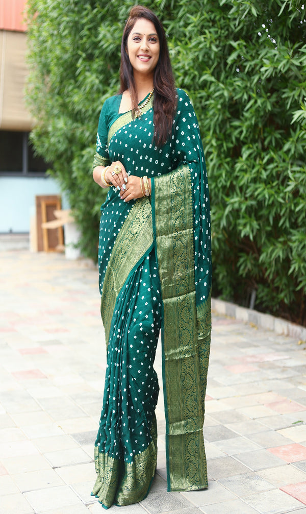Pine Green Bandhani Saree In Gaji Silk