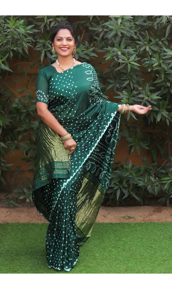 Dark Green color soft bandhani saree with hand high quality bandhej print