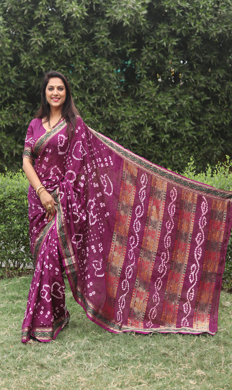 Electric Purple color soft hand bandhej bandhani saree with zari weaving work