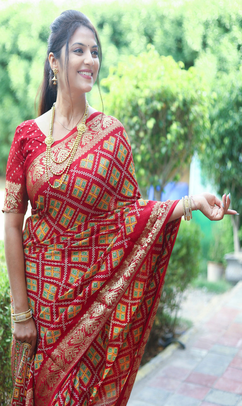 Beautiful New Red Color Pure Ajrakh Art silk saree