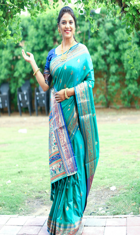 Beautiful Persian Green Color Woven Paithani Saree