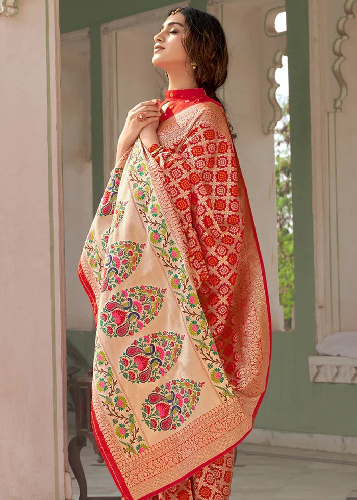 Red Color Bandhani paithani Soft Silk Saree