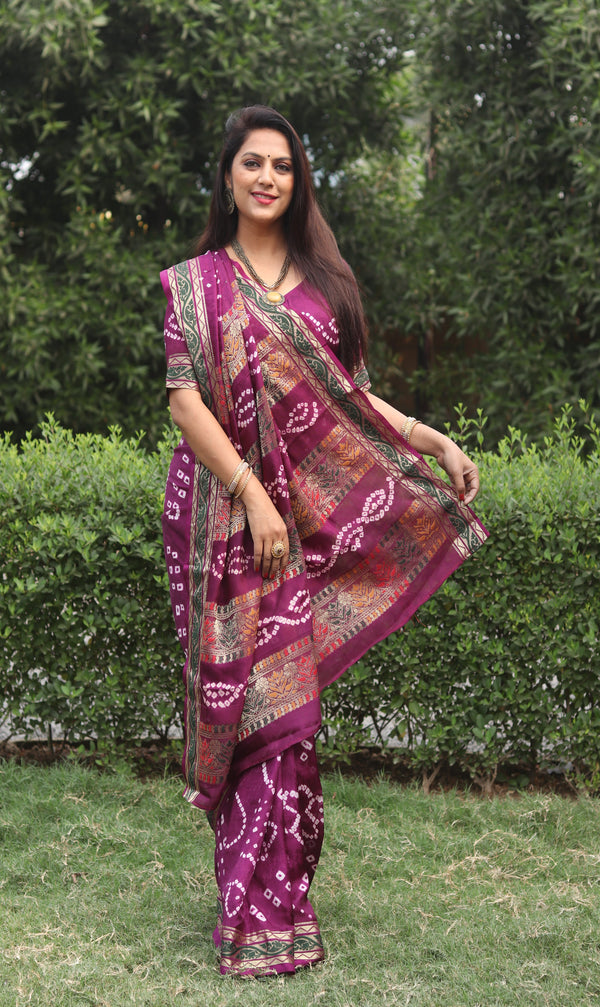 Electric Purple color soft hand bandhej bandhani saree with zari weaving work