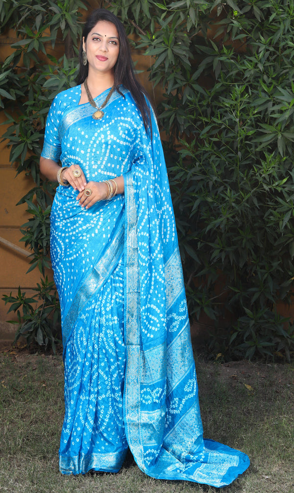 Sky Blue Pure Bandhej silk saree made by original Bandhej