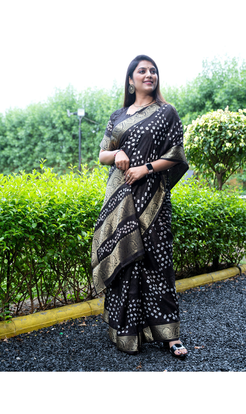 Bandhej Art Silk Saree in black Color