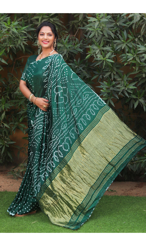 Dark Green color soft bandhani saree with hand high quality bandhej print