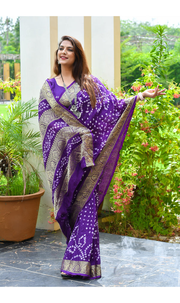 Purple color soft Bandhej silk saree with khadi printed work