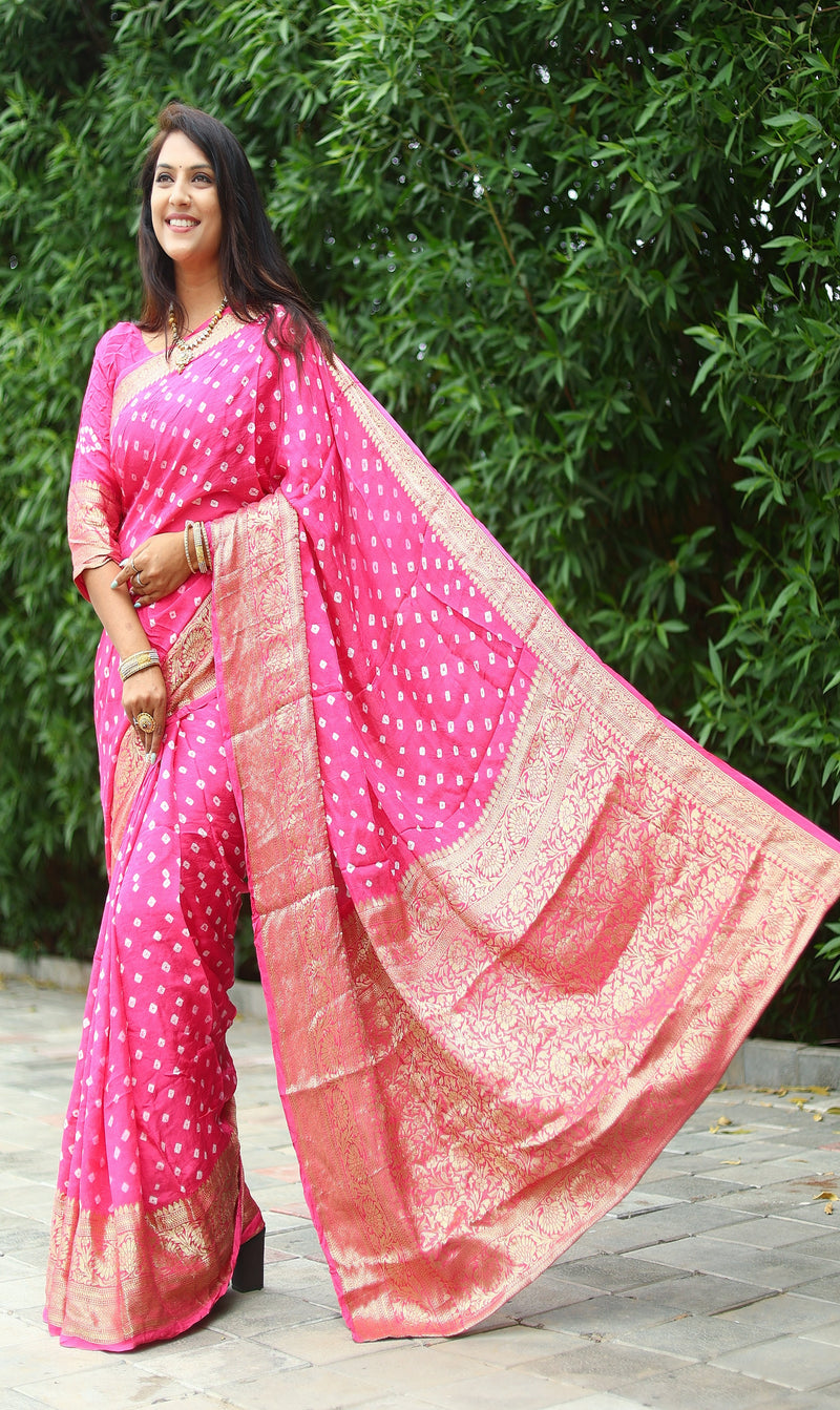 Fuschia Pink Bandhani Saree In Gaji Silk