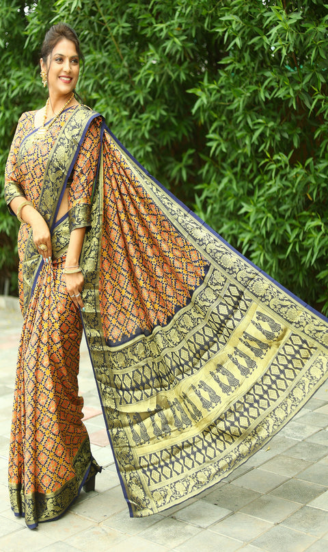 Blue Yellow Color Pure Ajrakh Art  silk saree