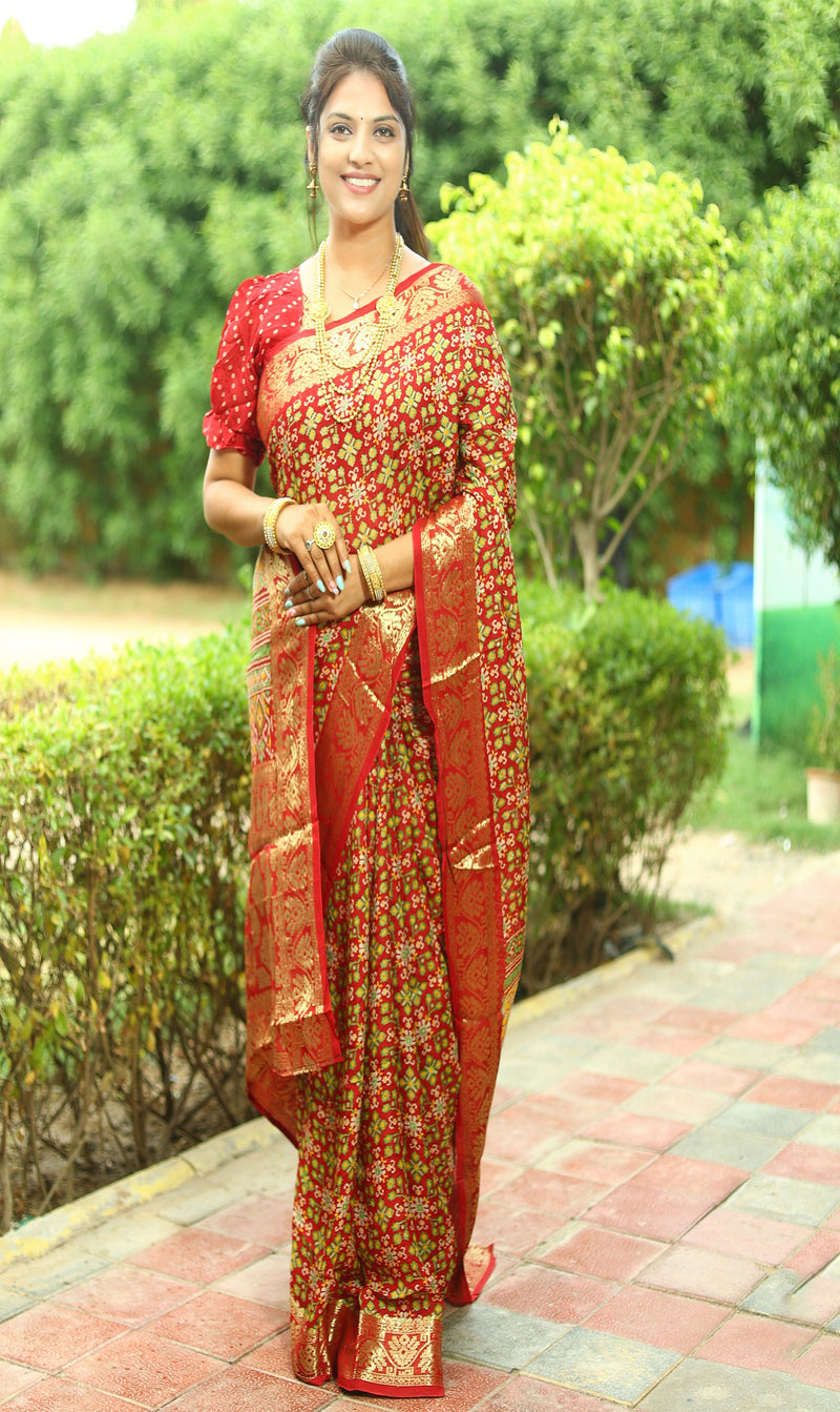New premium Red Color Pure Ajrakh Art silk saree