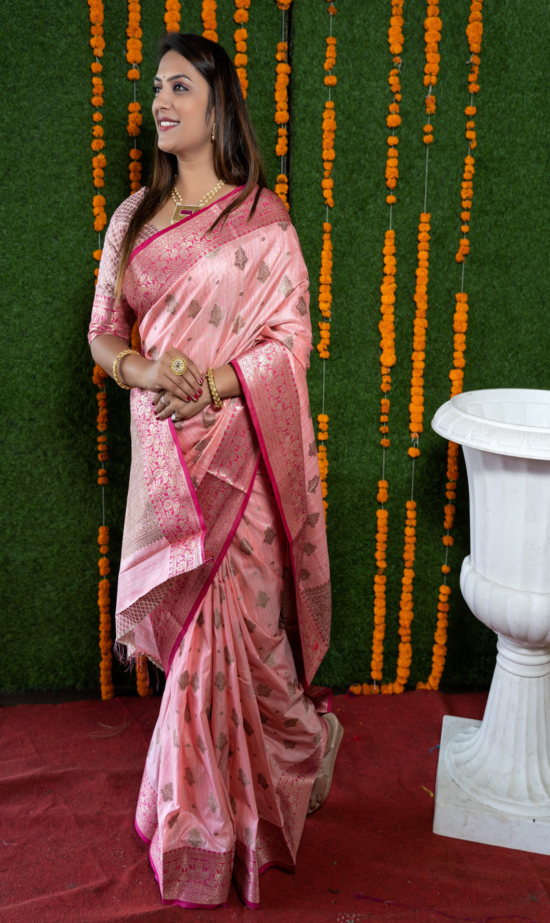 Rose Pink copper Zari Woven Banarasi and Kanjivaram patterns