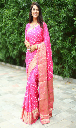 Fuschia Pink Bandhani Saree In Gaji Silk