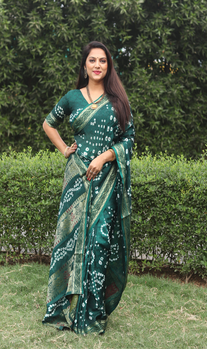 Forest Green color soft hand bandhej bandhani saree with zari weaving work