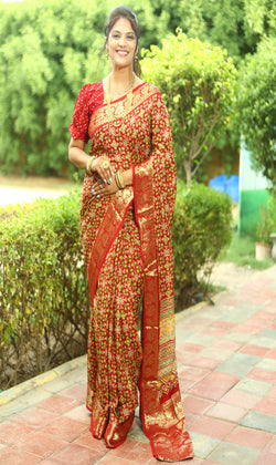 New premium Red Color Pure Ajrakh Art silk saree