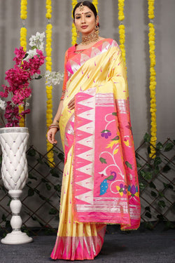 Light Yellow Paithani Katan Silk Handloom Saree