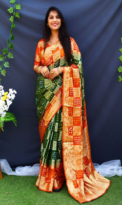 Orange Original Bandhej With Zari Weaving All Over
