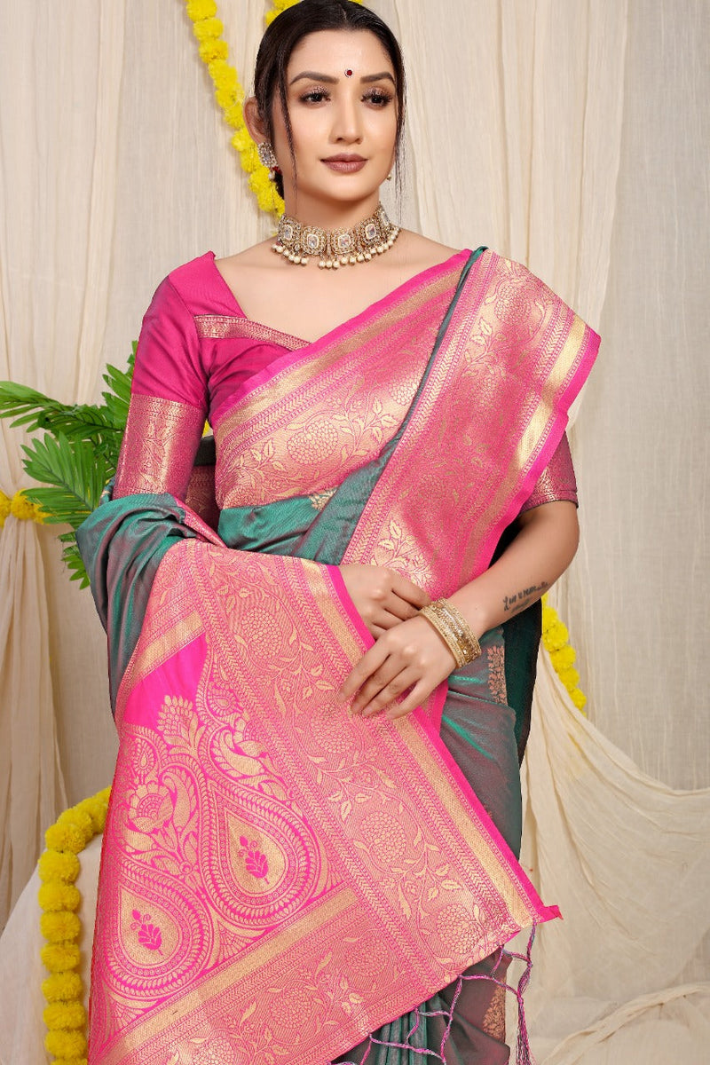 Green kankavati Pure silk handloom saree with Pure copper Jari  work