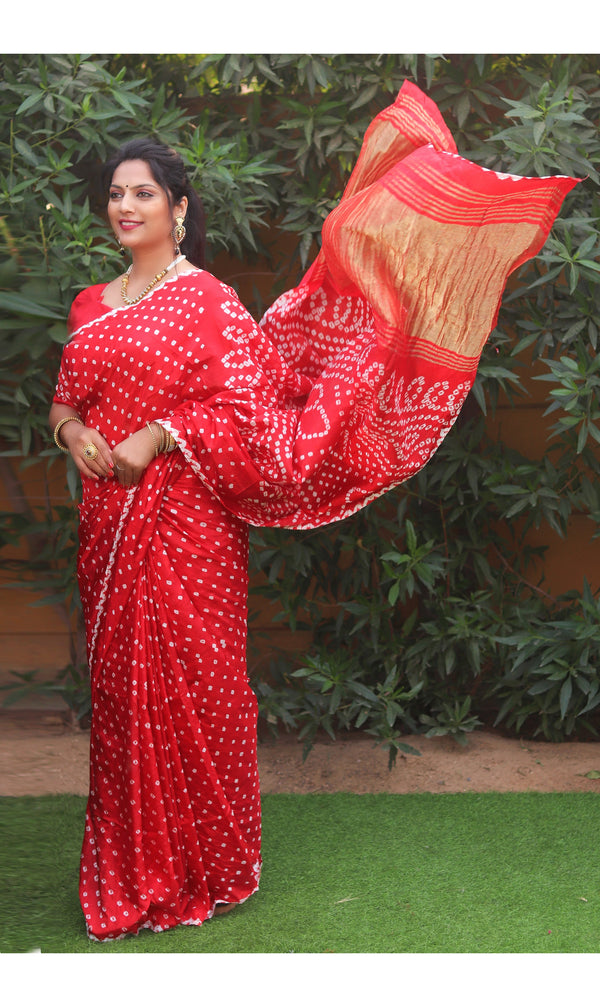Red color soft bandhani saree with hand high quality bandhej print