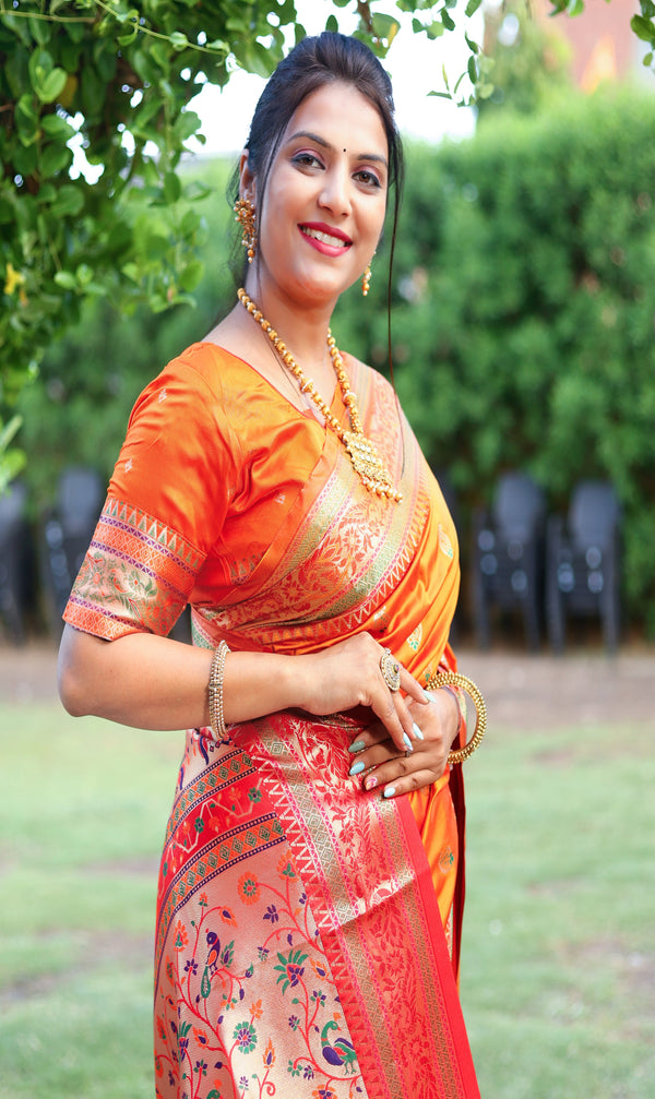 Beautiful Orange Color Woven Paithani Saree
