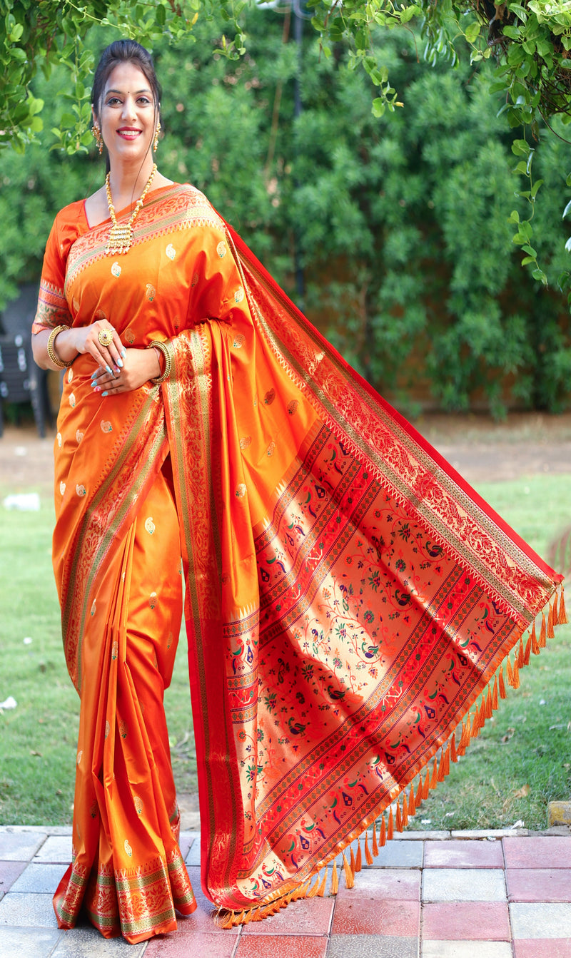 Beautiful Orange Color Woven Paithani Saree