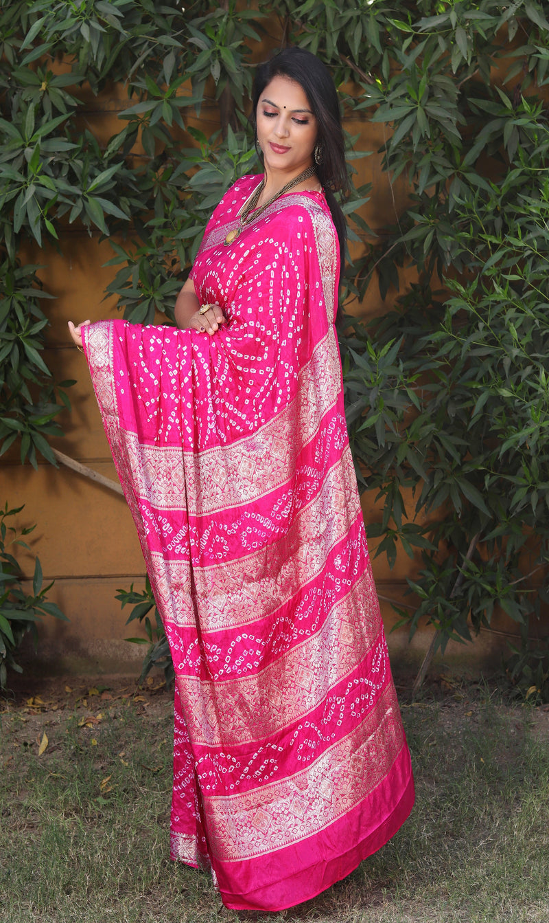 Pink Pure Bandhej silk saree made by original Bandhej