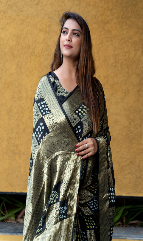 Black Original Bandhej With Zari Weaving All Over