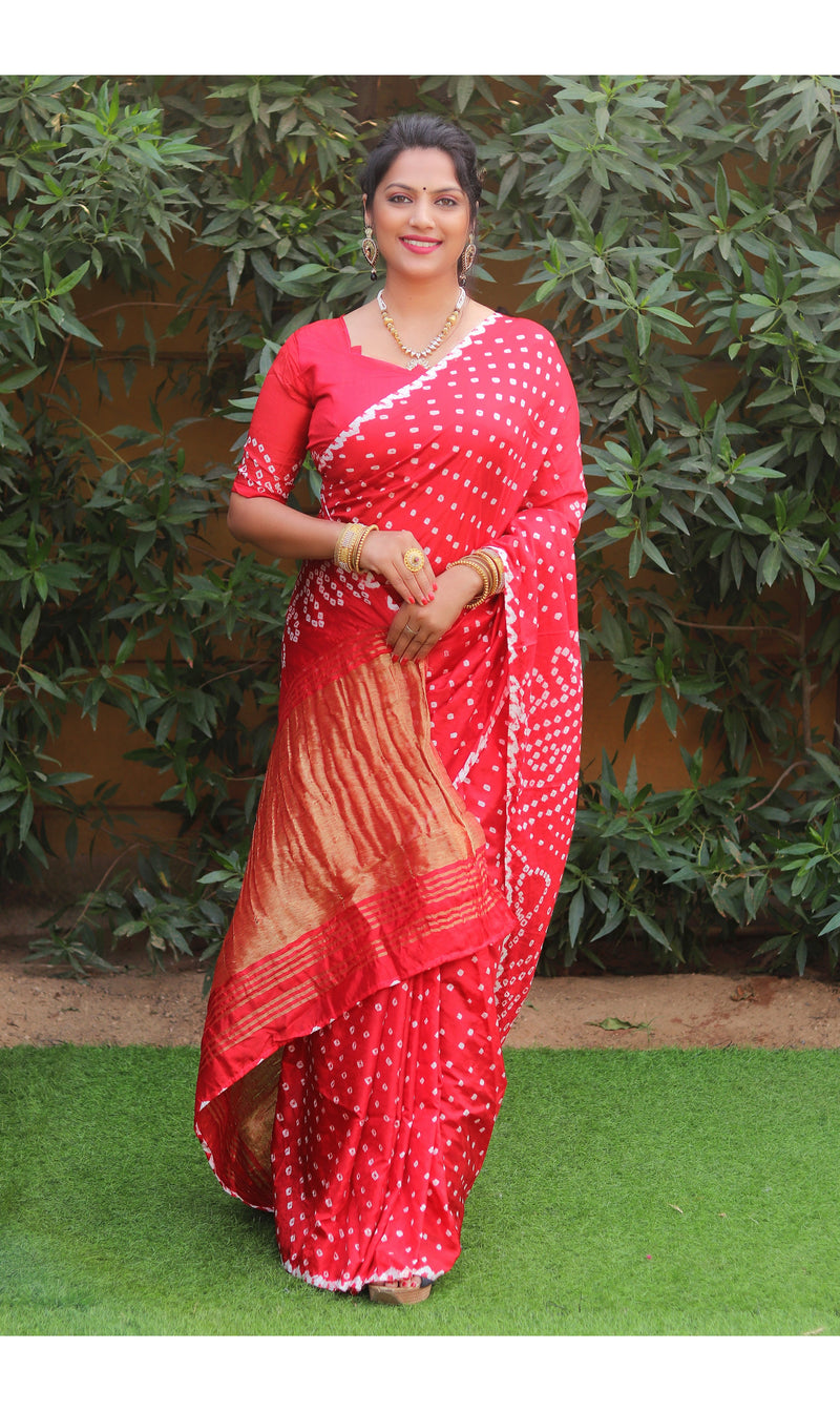 Red color soft bandhani saree with hand high quality bandhej print