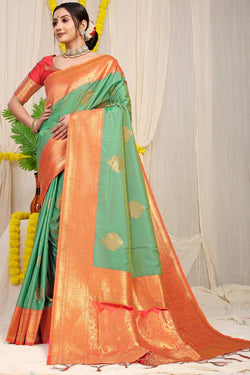 Seafoam kankavati Pure silk handloom saree with Pure copper Jari  work