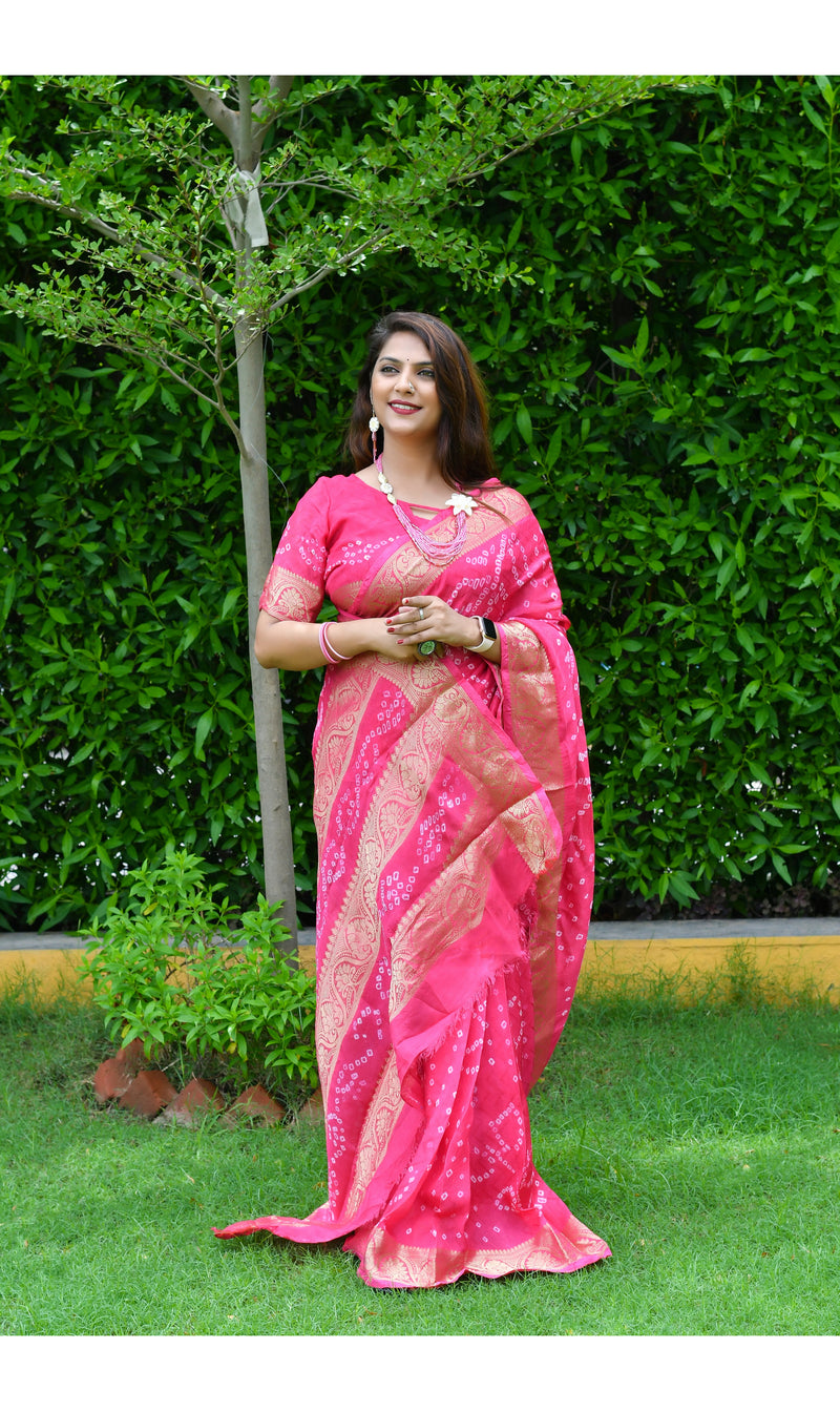 Carrot Pink color soft Bandhej silk saree with khadi printed work