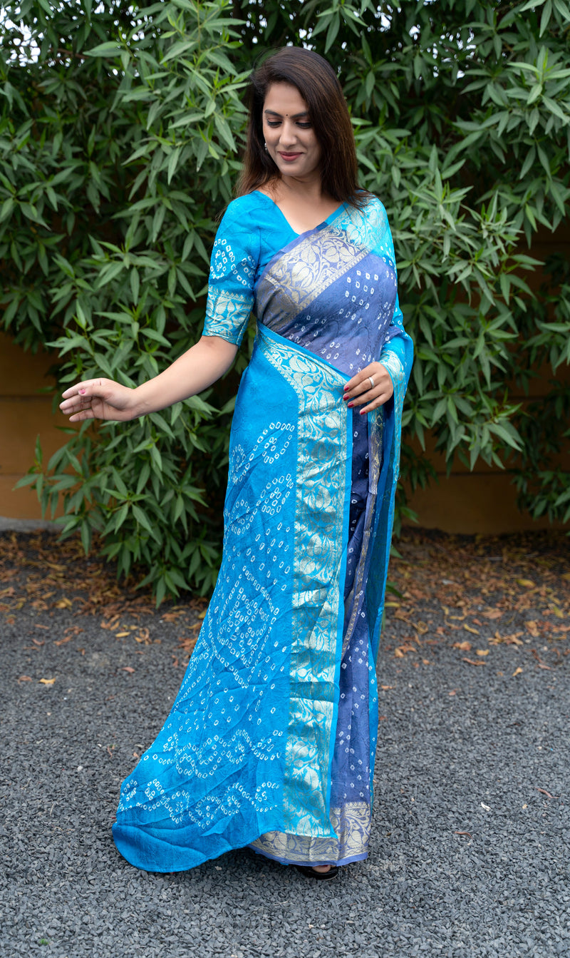 Sky Blue Royal Blue Color Beautiful Design and Pure Bandhej silk saree