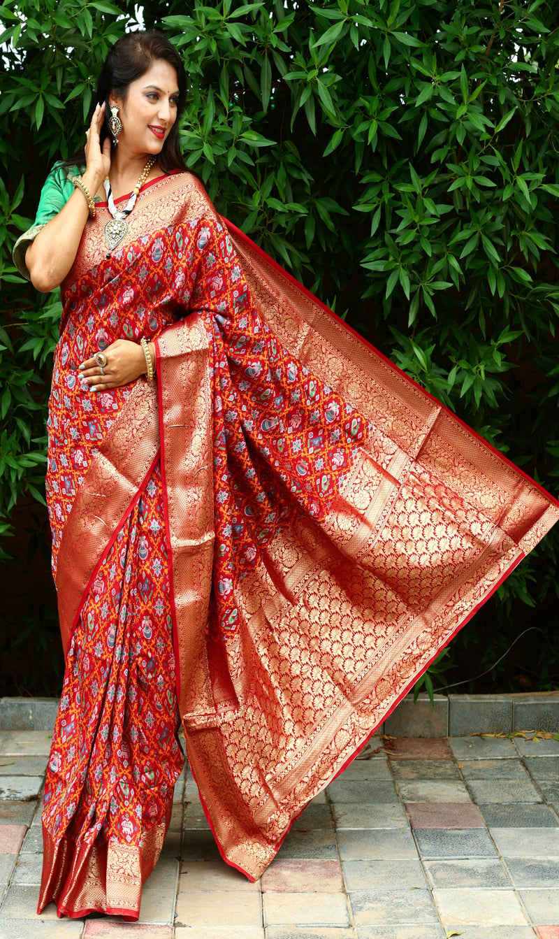 Red Color Special Dazzling Ikkat Patola Silk Saree
