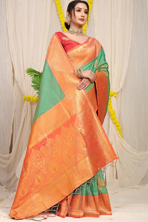 Seafoam kankavati Pure silk handloom saree with Pure copper Jari  work