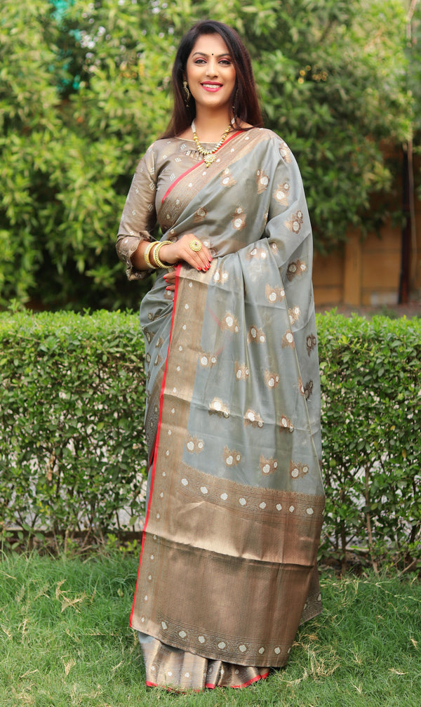 Dusty Grey New Design With New Concept Organza Sarees