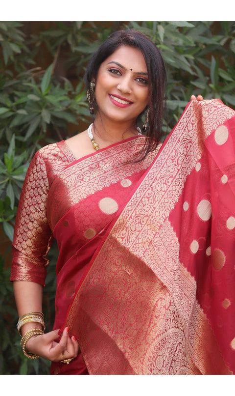 Blood Red Organza Silk Saree with delicate allover weaving designs