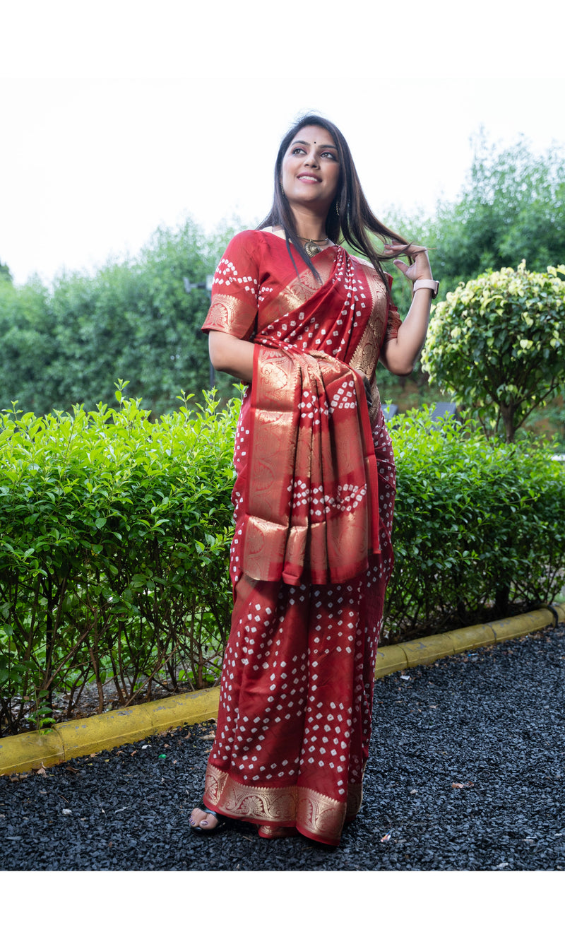 Bandhej Art Silk Saree in Dark Red Color