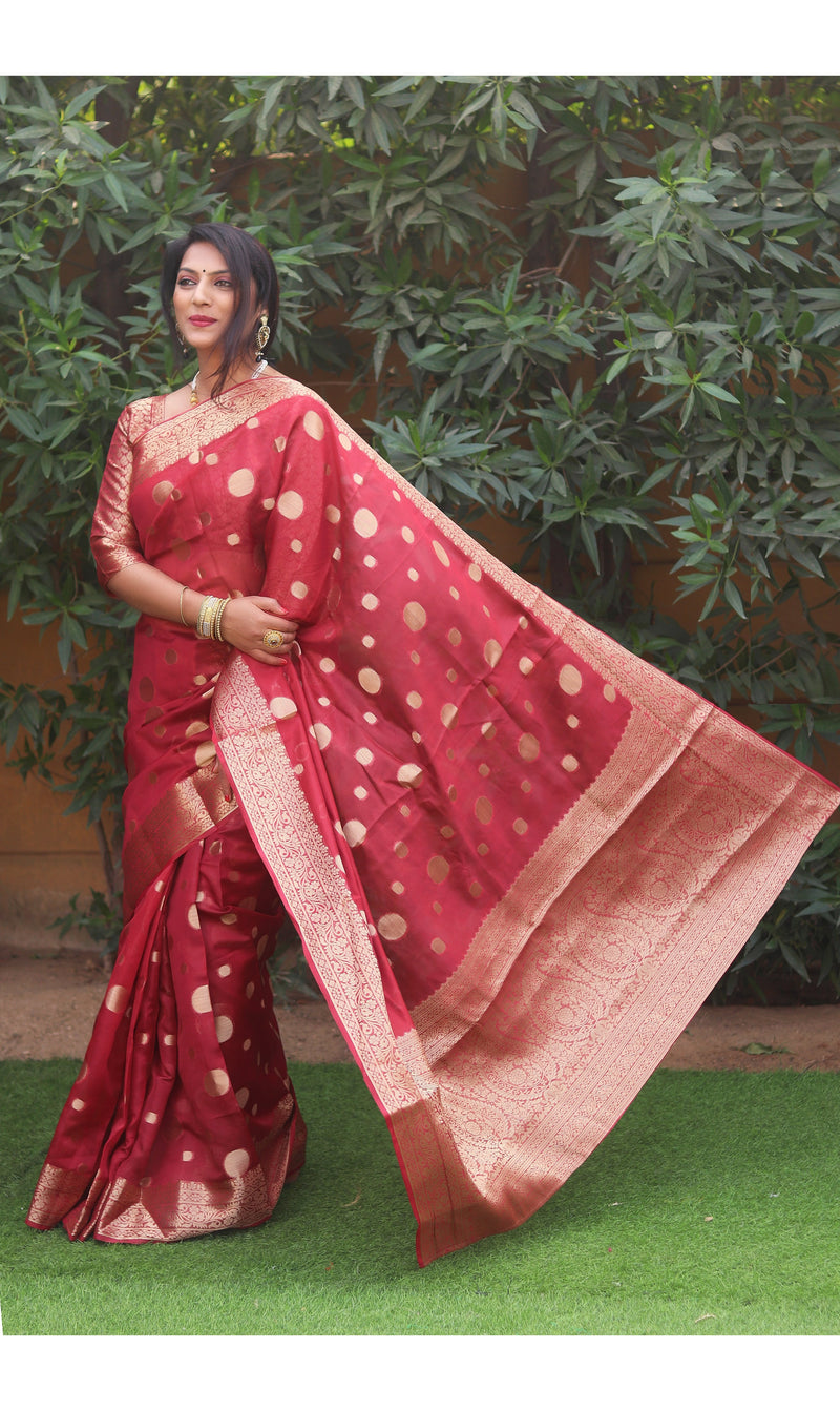 Blood Red Organza Silk Saree with delicate allover weaving designs