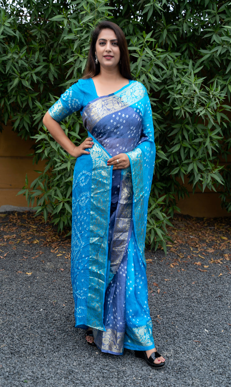 Sky Blue Royal Blue Color Beautiful Design and Pure Bandhej silk saree