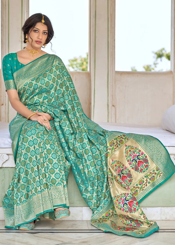 Rama Color Bandhani paithani Soft Silk Saree