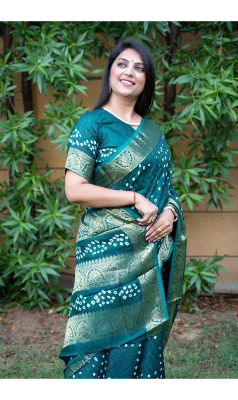 Bandhej Art Silk Saree in Bottle Green Color