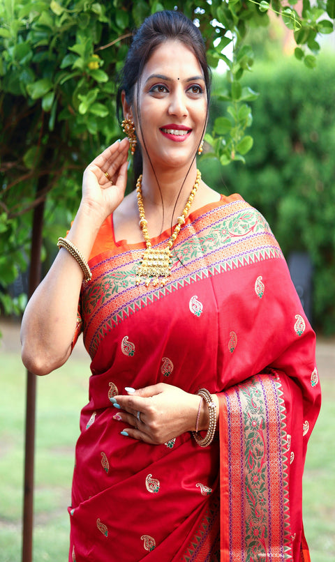 Beautiful Dark Red Color Woven Paithani Saree