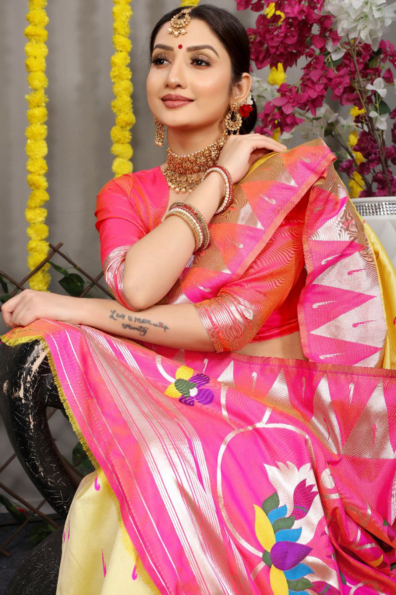 Light Yellow Paithani Katan Silk Handloom Saree