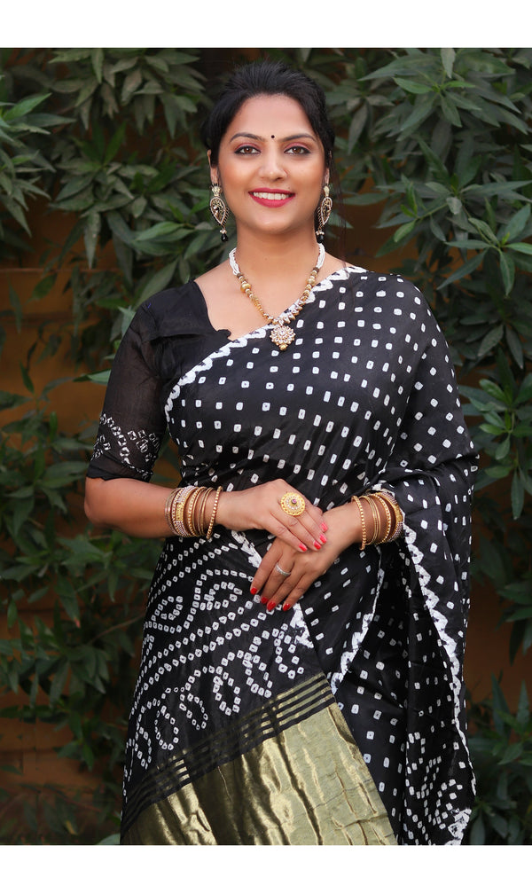 Black color soft bandhani saree with hand high quality bandhej print