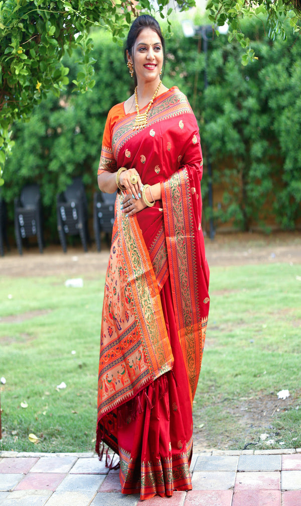 Beautiful Dark Red Color Woven Paithani Saree