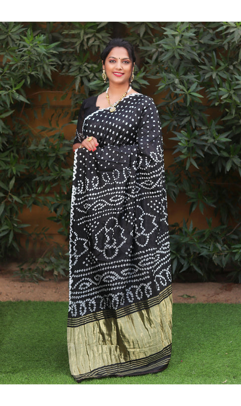 Black color soft bandhani saree with hand high quality bandhej print