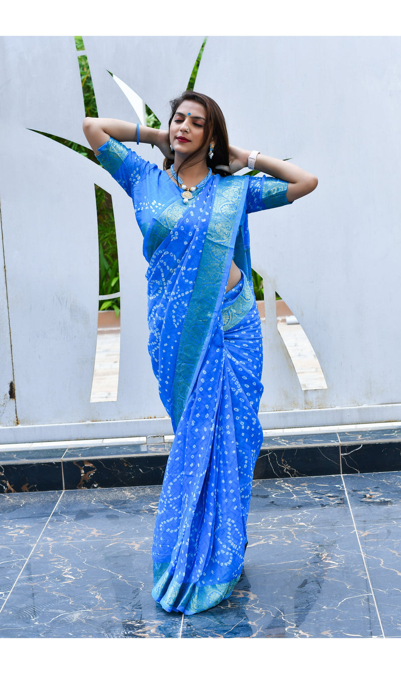 Sky Blue color soft Bandhej silk saree with khadi printed work