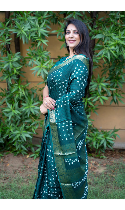 Bandhej Art Silk Saree in Bottle Green Color